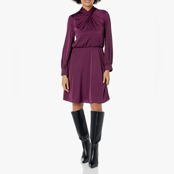 london times purple dress Petite London Times V Neck Bishop Sleeve Shift Dress